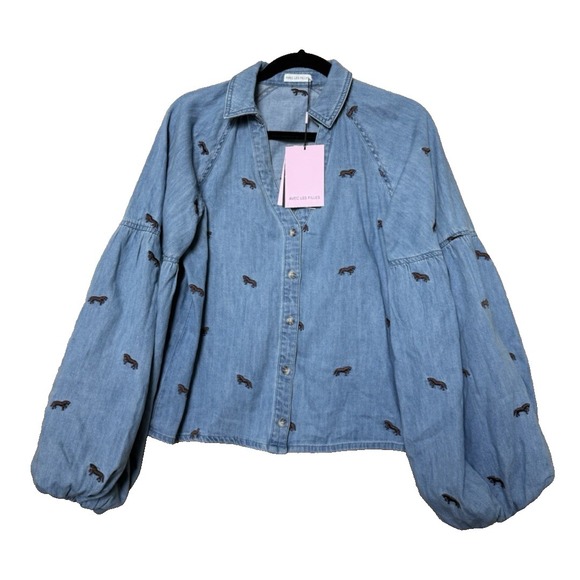 Avec Les Filles Tops - Avec Les Filles Women's Brown Horse Embroidered Chambray Shirt Size XS NEW